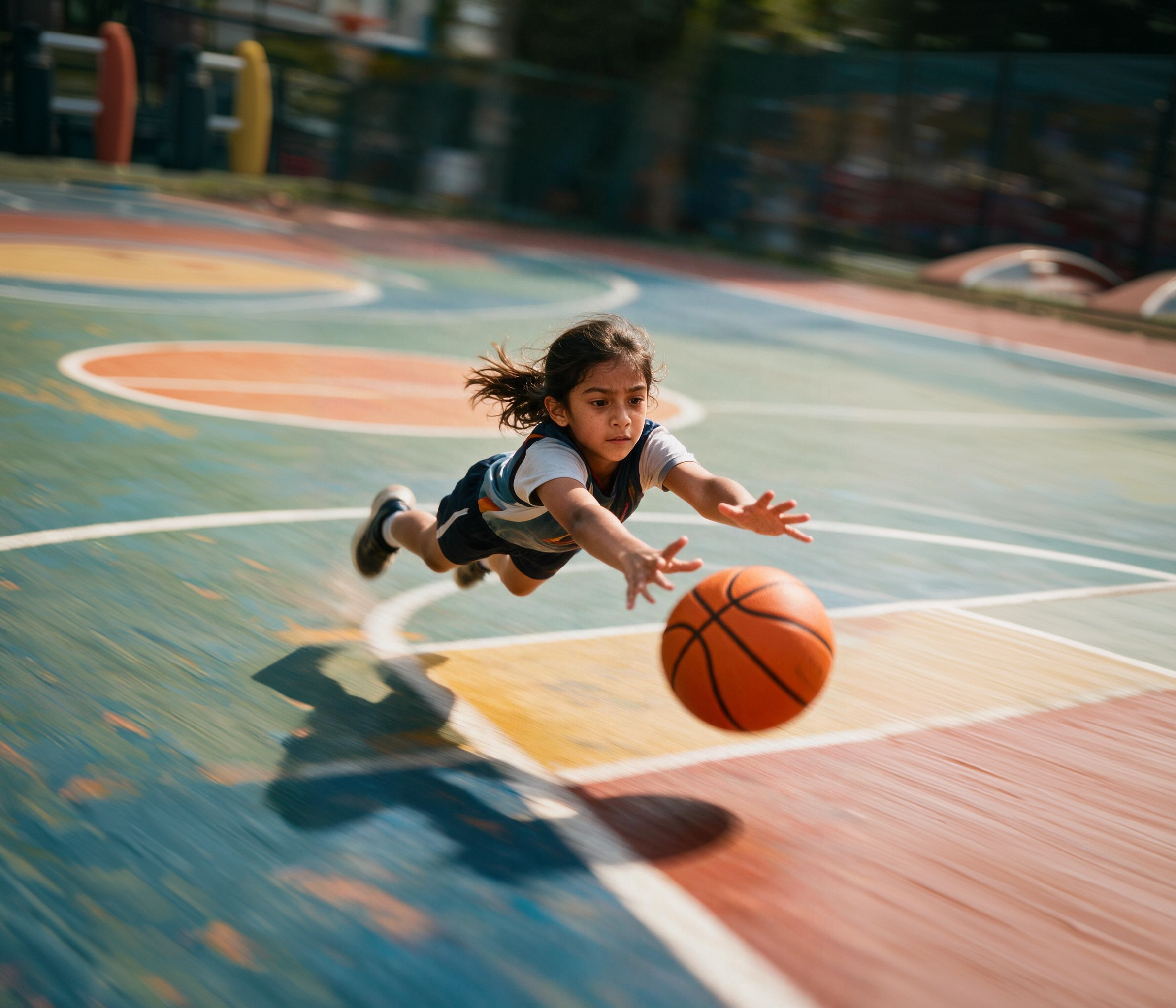 Young basketball player holding a ball on an outdoor court