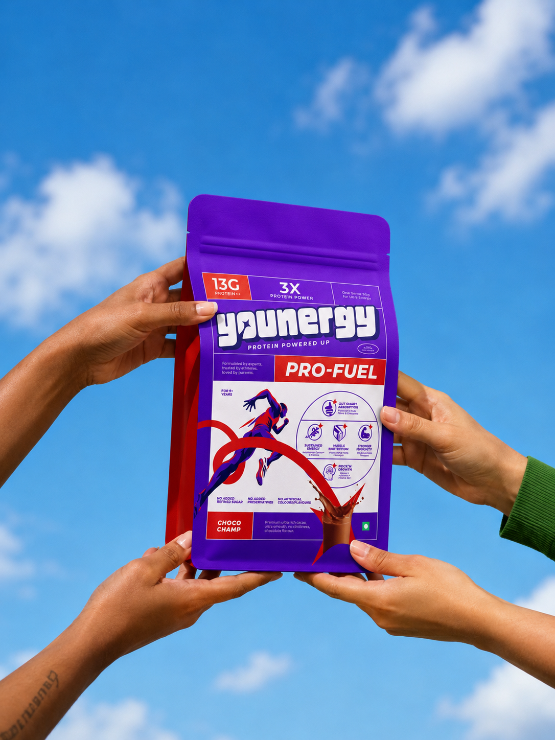Hands holding YOUNERGY Pro-Fuel nutrition packs